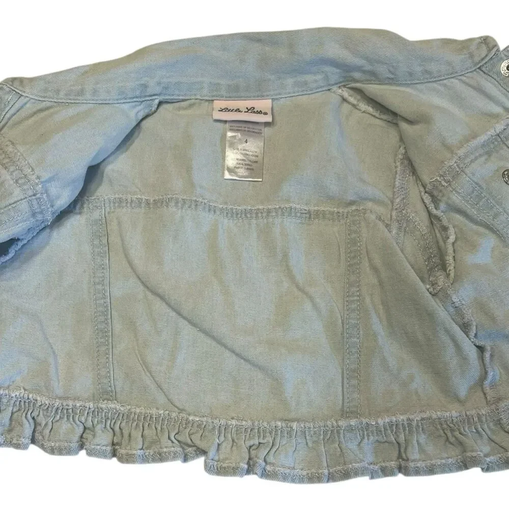 Girls Jean Jacket Size 4 Light Wash Floral Embroidered Ruffle Hem Cute Layer